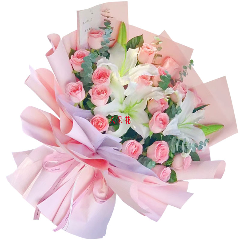 18朵戴安娜粉玫瑰百合，两颗心紧紧相连