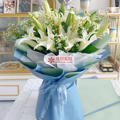 玉林8支白色多头百合洋甘菊,互倾的思念