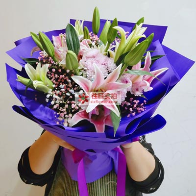 玉林6支粉色多头百合,真诚的问候
